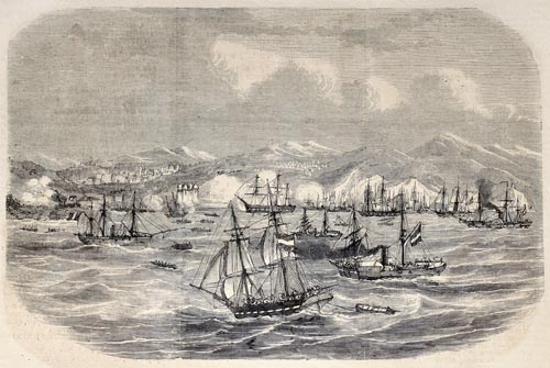 Antique,Illustration,Of,Spanish,Ships,In,Front,Of,Tetouan,Coast. Antique,Illustration of Ships with Hemp Rope
